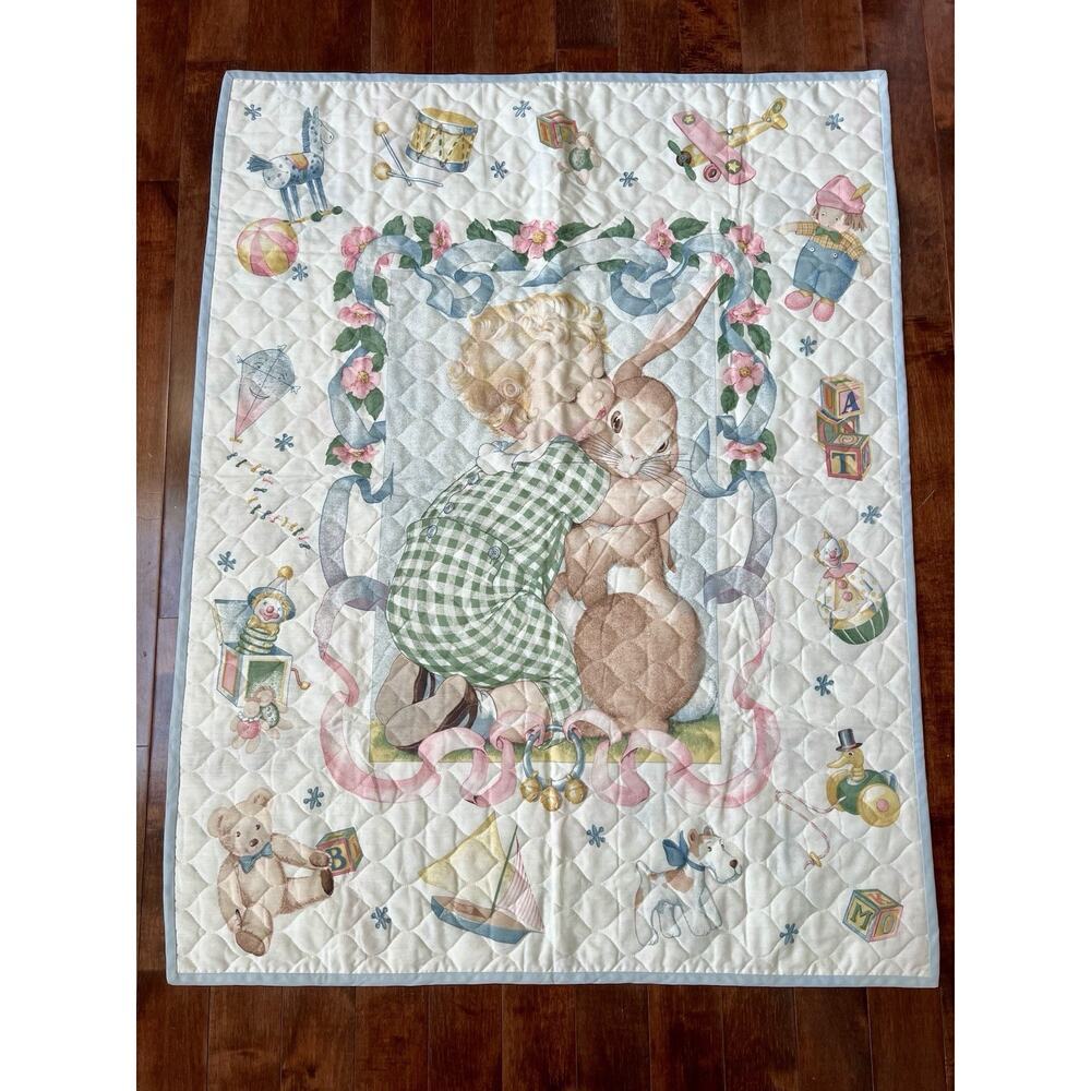 Vintage Baby Quilt or Wall Hanging in Charming Pastel Colors Rabbit
